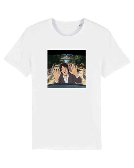 White T-shirt with image of The Beatles crossing Abbey Road and Paul McCartney near being knocked down